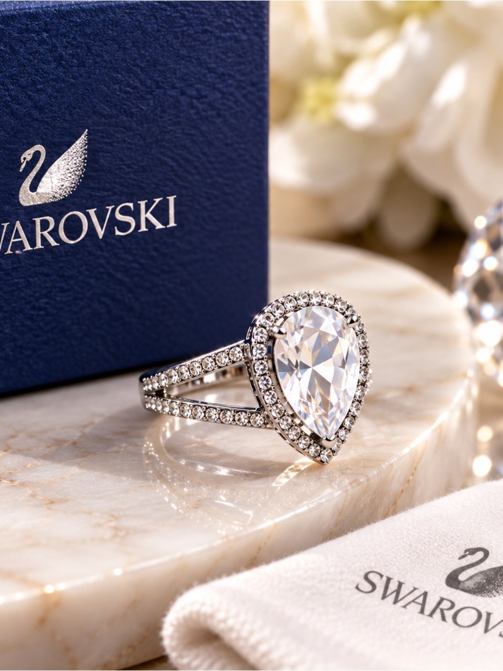 Swarovski Silver Pear-Shaped Clear Crystal Halo Ring